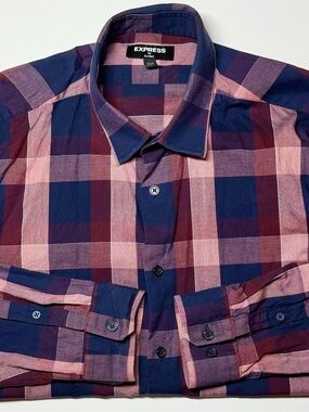 Express Men’s Navy Pink Plaid Button‑Up Shirt Classic Fit Medium